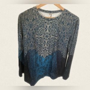 NORACORA Long Sleeve Crewneck Graphic Blouse Women Large Teal and Gold